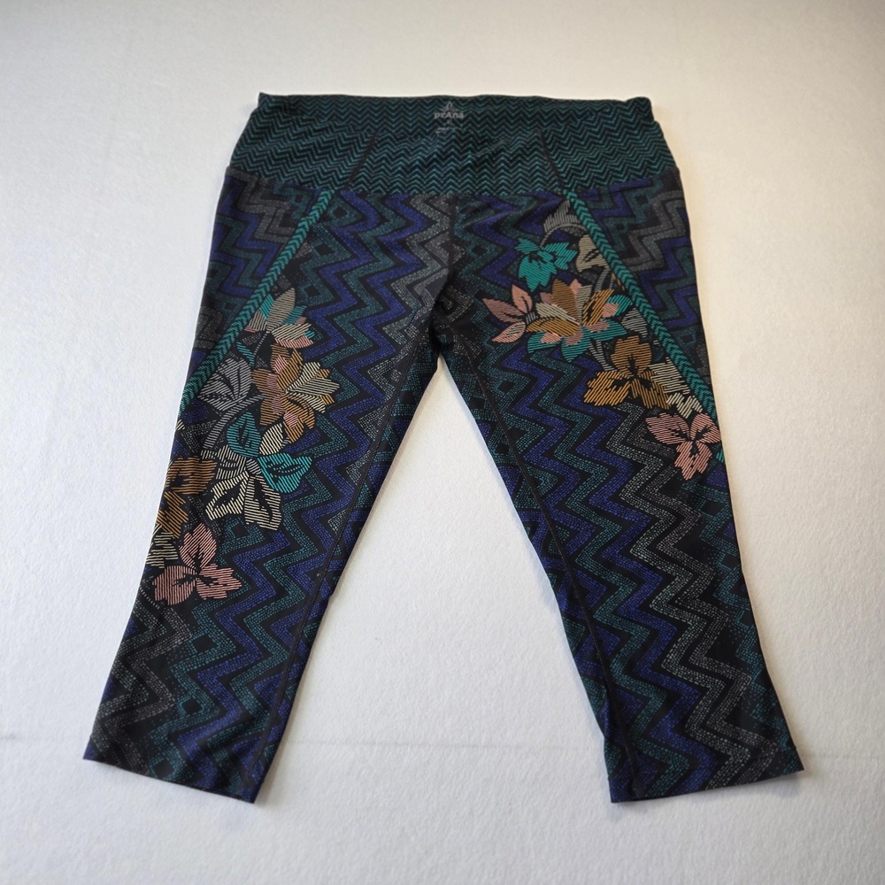 Prana Capri Leggings Womens XL Blue Excellent Floral Geometric Yoga Pants (B7)